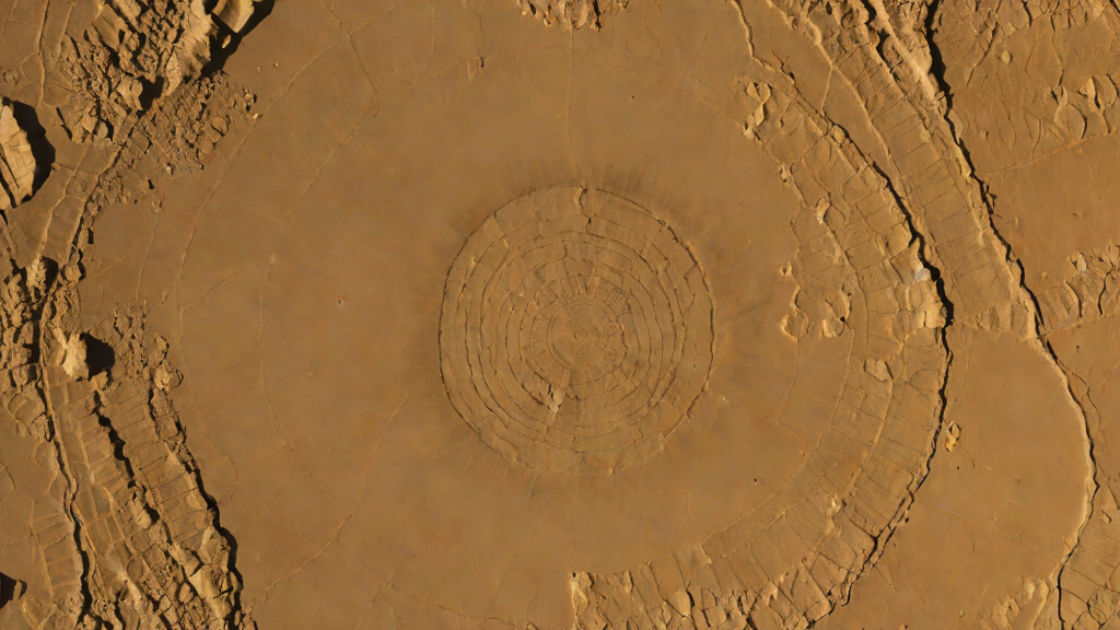 Satellite-style aerial view of a desert basin with subtle concentric deformation rings visible in the surface