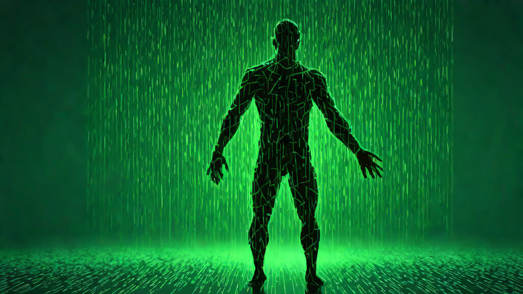 Human silhouette dissolving into digital wireframe in green matrix-style code