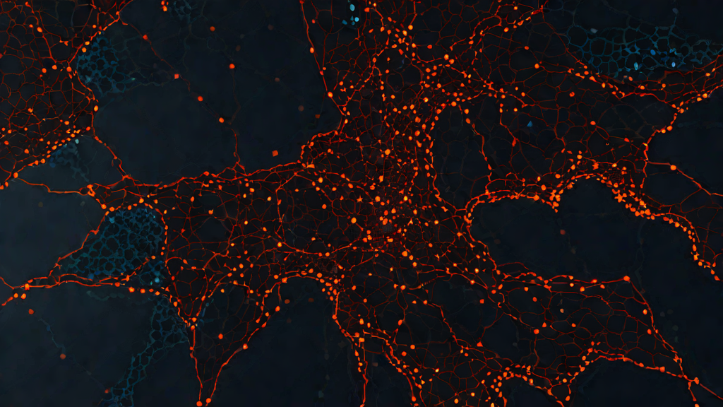 Stylized cluster of glowing red dots scattered across a dark topographic map, representing seismic events