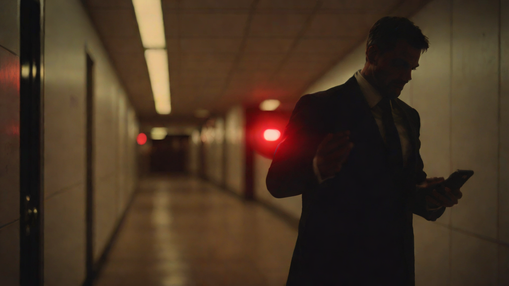 Silhouette of a federal official holding a smartphone with a red warning glow in a dimly lit corridor