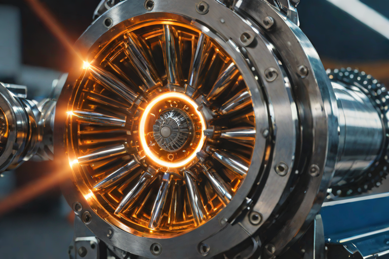 Glowing nickel-superalloy rocket engine turbine in a dark aerospace testing facility, representing the classified Mondaloy alloy at the center of the missing-scientists story