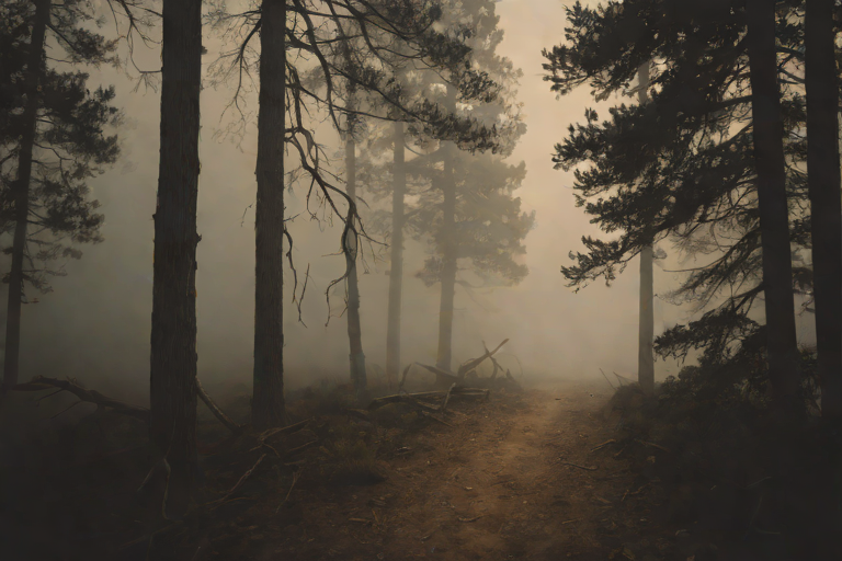 Eerie empty foggy mountain hiking trail at dusk in the Angeles National Forest, evoking the disappearance of materials scientist Monica Reza