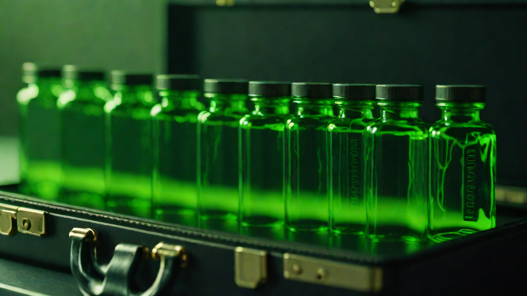 Vials of suspicious liquid in an open metal briefcase, conspiracy thriller lighting