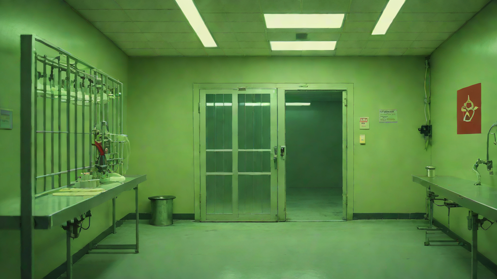 Empty primate research lab with biohazard signs and an open cage, eerie green lighting