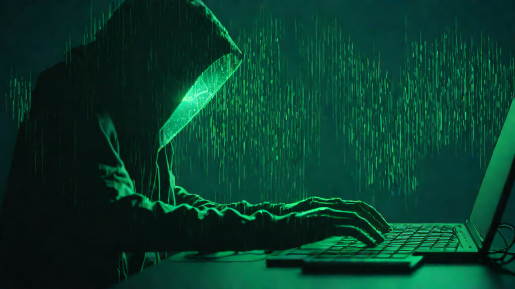 A shadowy hooded figure at a keyboard surrounded by streams of data, representing the social-engineering attack on Tchap