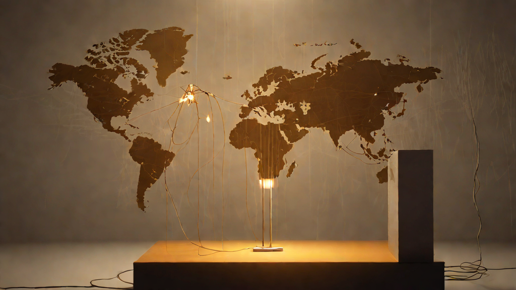 A spotlit government podium before a glowing world map