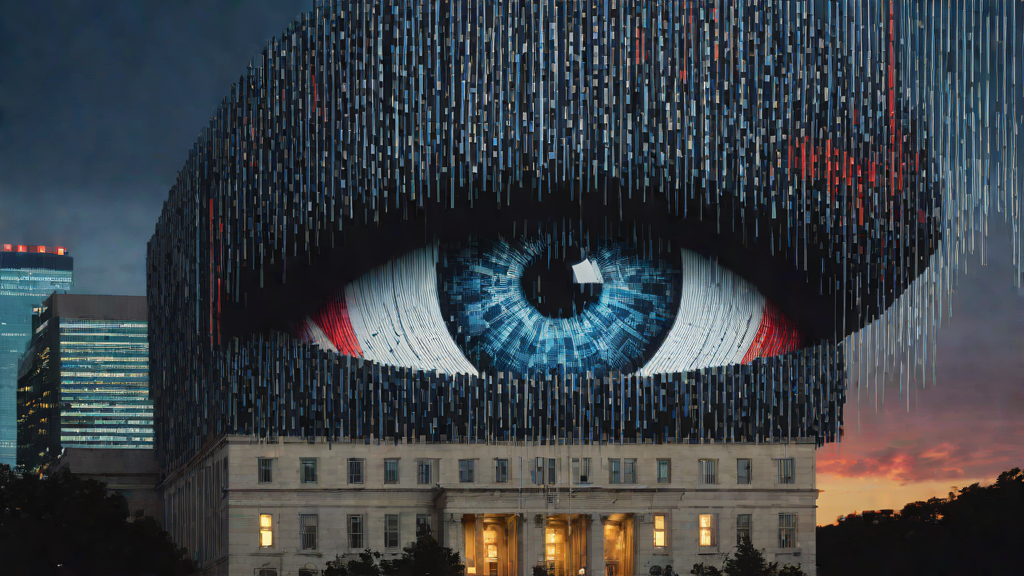A giant digital surveillance eye over a government building, leaking documents and data