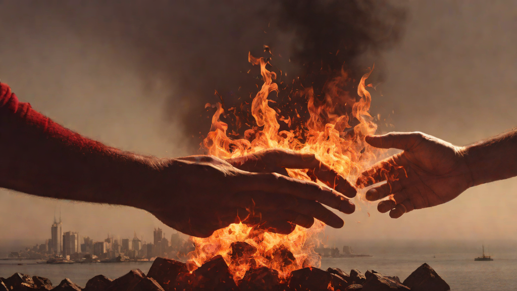 A handshake dissolving into fire over the Persian Gulf