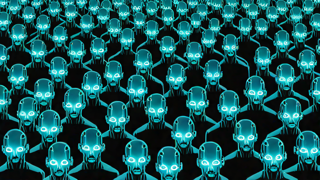 A swarm of identical faceless AI bot avatars flooding a digital network, illustrating Dead Internet Theory
