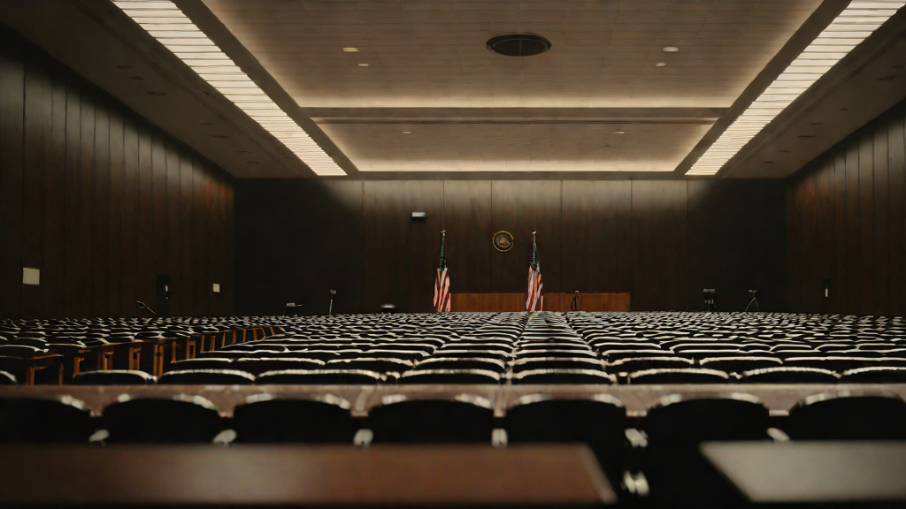 Empty government hearing room with rows of microphones