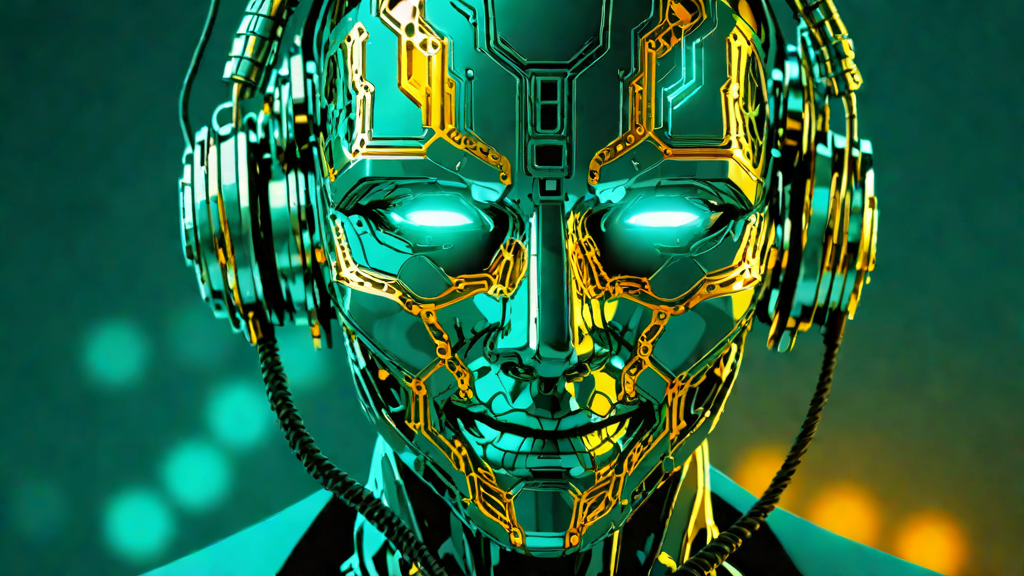 A friendly humanoid AI face concealing a cold machine intelligence behind it, symbolizing hidden AI capabilities