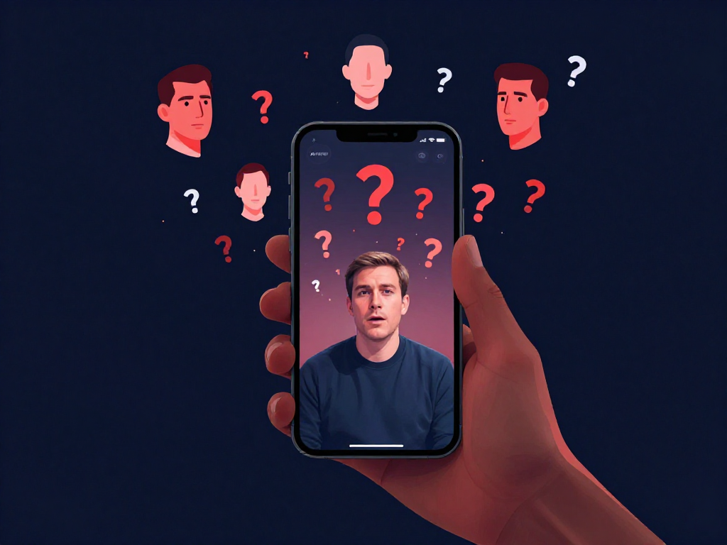 A smartphone displaying a political video surrounded by floating fabricated faces and question marks, symbolizing eroded trust