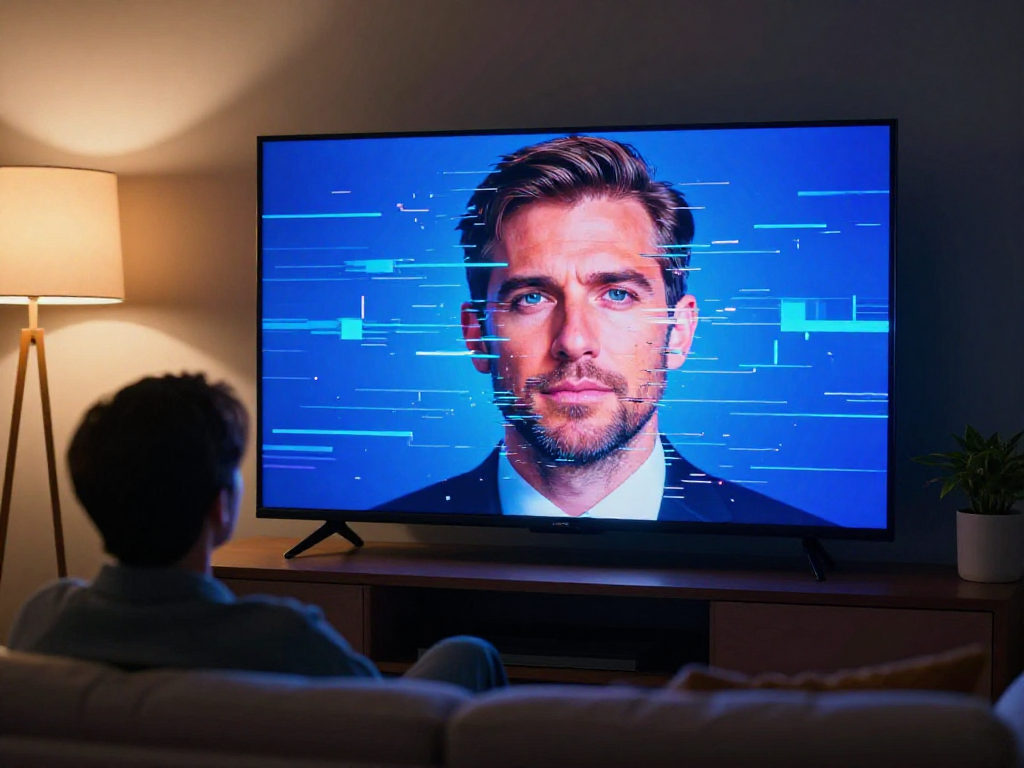 A viewer watching a political campaign ad on a television as the candidate's face fractures into digital glitch artifacts