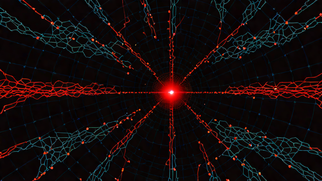 Abstract network visualization showing thousands of scanning lines radiating from a single node toward distant targets, one glowing red