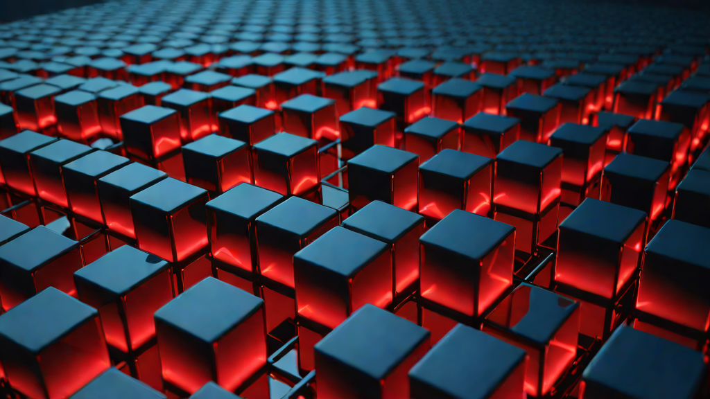 Rows of dark cubes on a conveyor pipeline with red light glowing between them, representing a compromised software supply chain