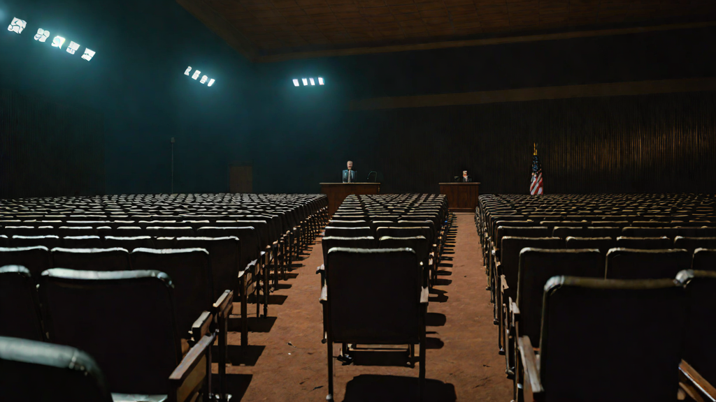 An empty government hearing chamber at night with rows of vacant seats