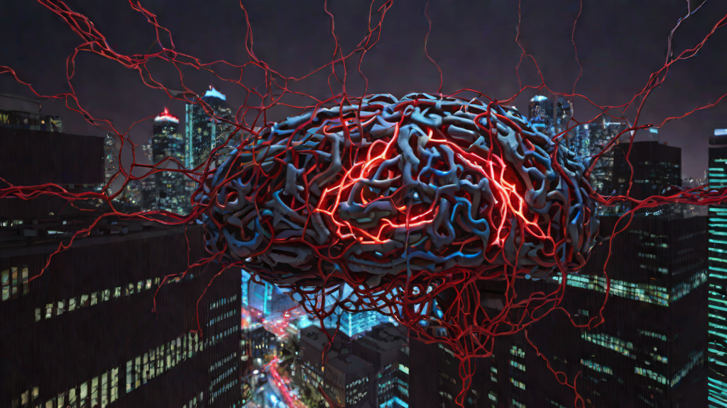 A massive glowing neural network brain hovering above a dark cityscape with red digital tendrils