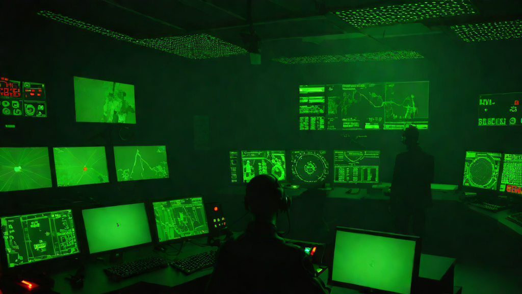 Shadowed control room with cascading green code on multiple monitors