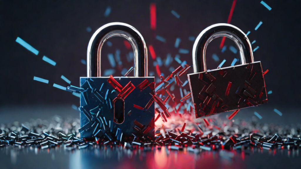 A shattered digital padlock breaking into fragments of code, symbolizing the Tchap encrypted messenger breach