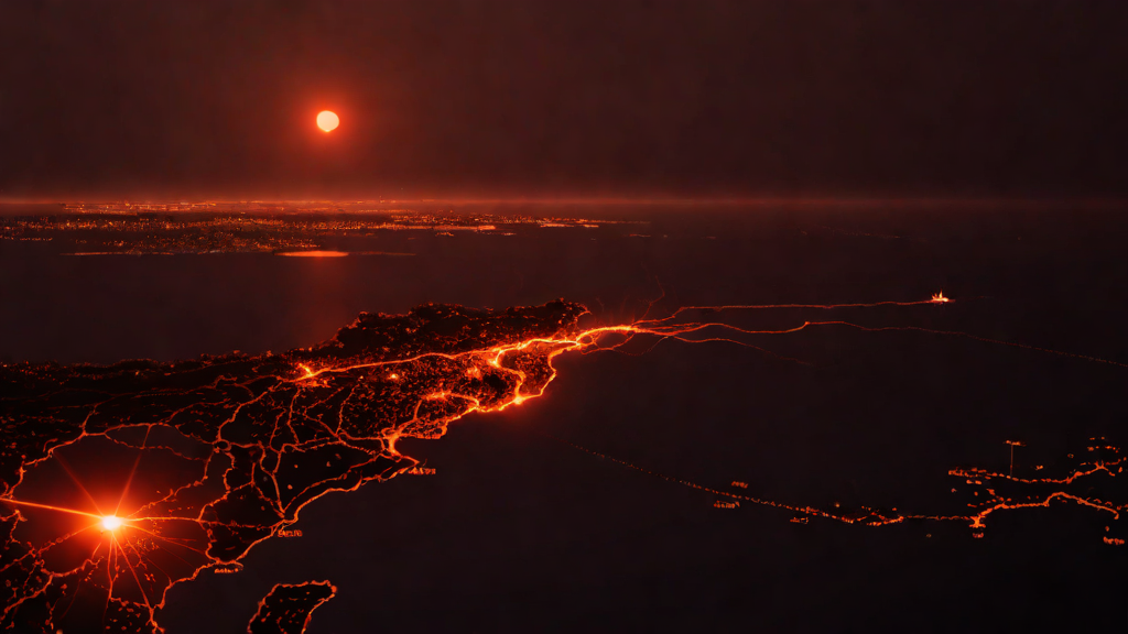 The Strait of Hormuz at night under missile fire