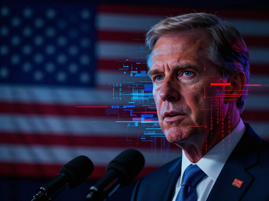 A politician at a podium with an American flag backdrop, half of the face dissolving into digital glitch and binary code