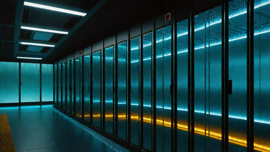 Dark data center corridor with glowing server cabinets