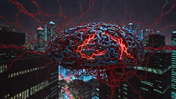 A massive glowing neural network brain hovering above a dark cityscape with red digital tendrils