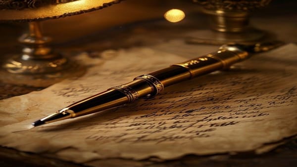 Antique fountain pen resting on aged parchment with handwritten cursive ink