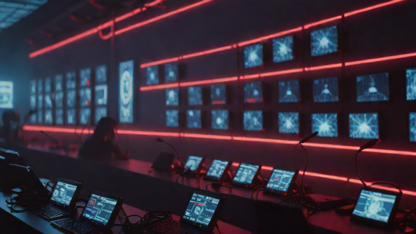 Dark surveillance operations room with rows of glowing smartphones, suggesting government intelligence office device security failure