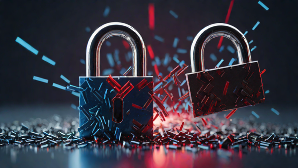 A shattered digital padlock breaking into fragments of code, symbolizing the Tchap encrypted messenger breach