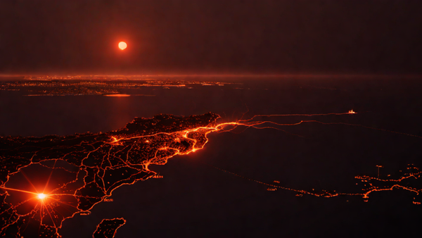 The Strait of Hormuz at night under missile fire
