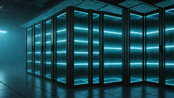 A glowing server rack sealed behind glass in a dark data center